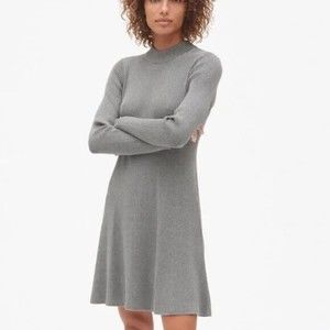 GAP Ribbed Knit Sweater Dress Medium Gray Stretch Long Sleeve Pullover Mock Neck